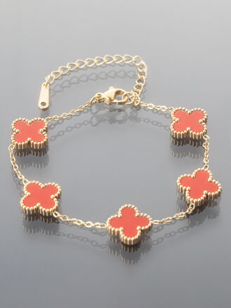 Řetízkový náramek z chirurgické oceli zlaté barvy s červenými kytičkami