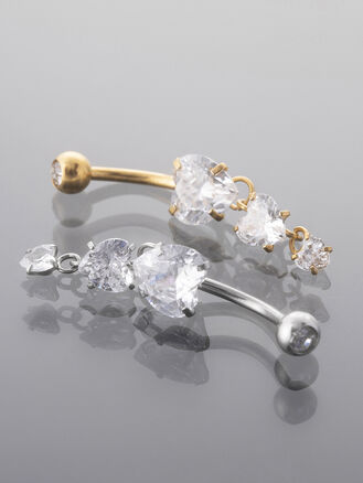 Piercing do pupíku z chirurgické oceli, zlatá a stříbrná barva kovu, srdíčka s přívěsky